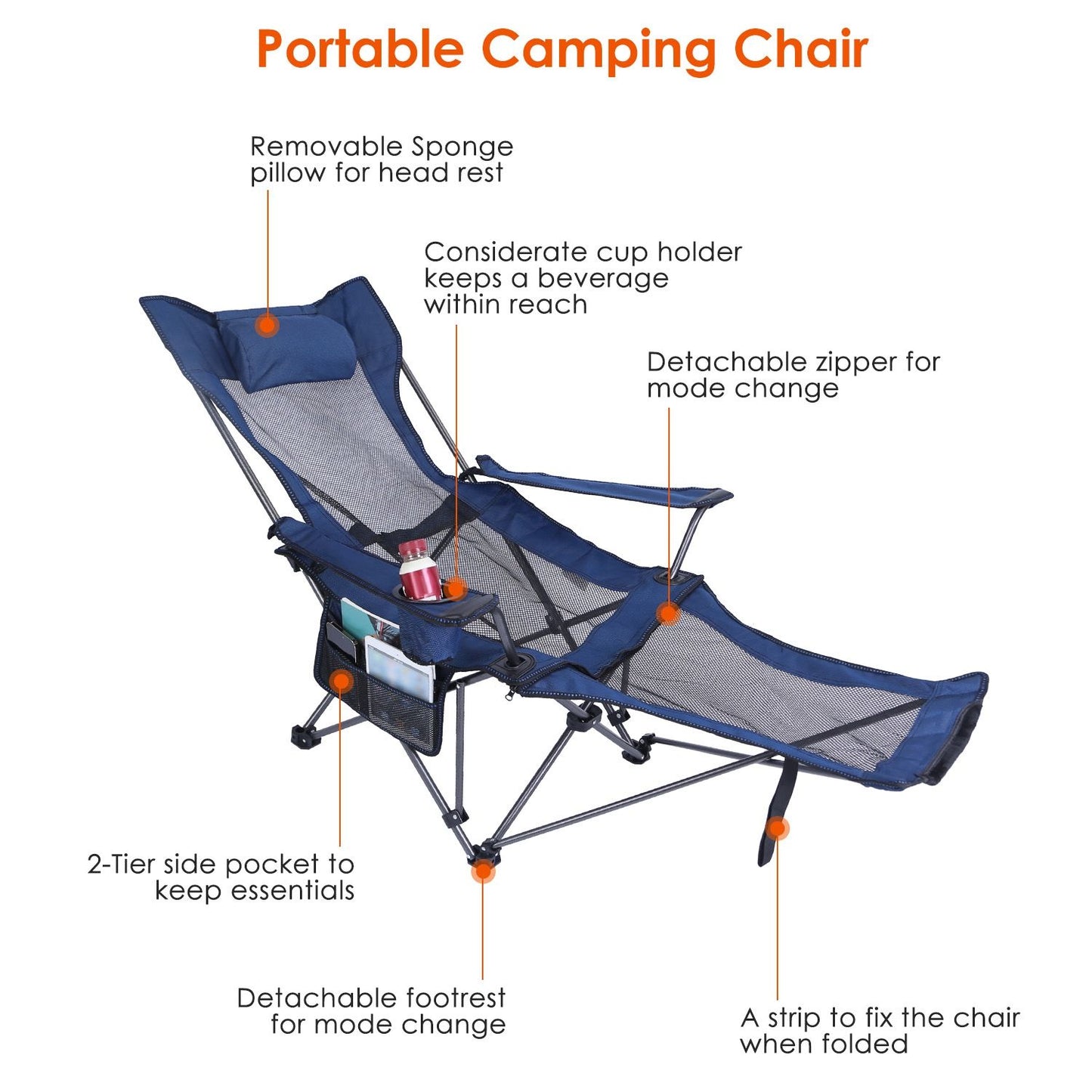 Foldable Camping Chair 330LBS Heavy Duty Steel Reclining Lawn Chair w/ Cup Holder & Carry Bag