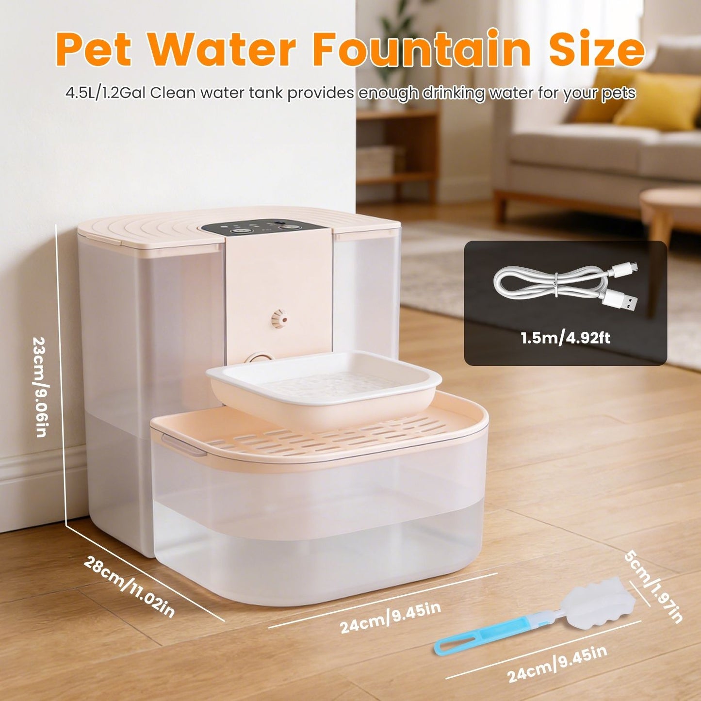 Cordless Pet Water Fountain, 4.5L Large Dual Tank Automatic Dog & Cat Dispenser