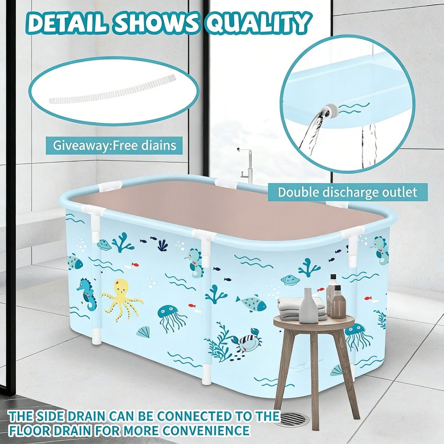 Portable Foldable Bathtub, Foldable Soaking Bathtub for Adults, Freestanding Bathtubs, Hot Bath Tub, Ice Bath, Family Bathroom SPA Tub 47.2x19.7x21.7inch (Fish)