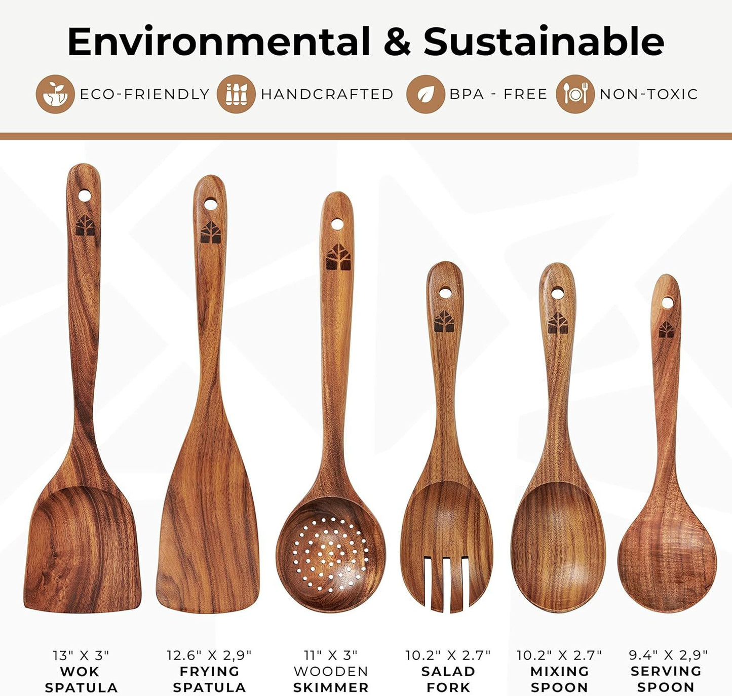 6-Piece Teak Wooden Cooking Spoon Set, Heat-Resistant Nonstick Kitchen Utensils