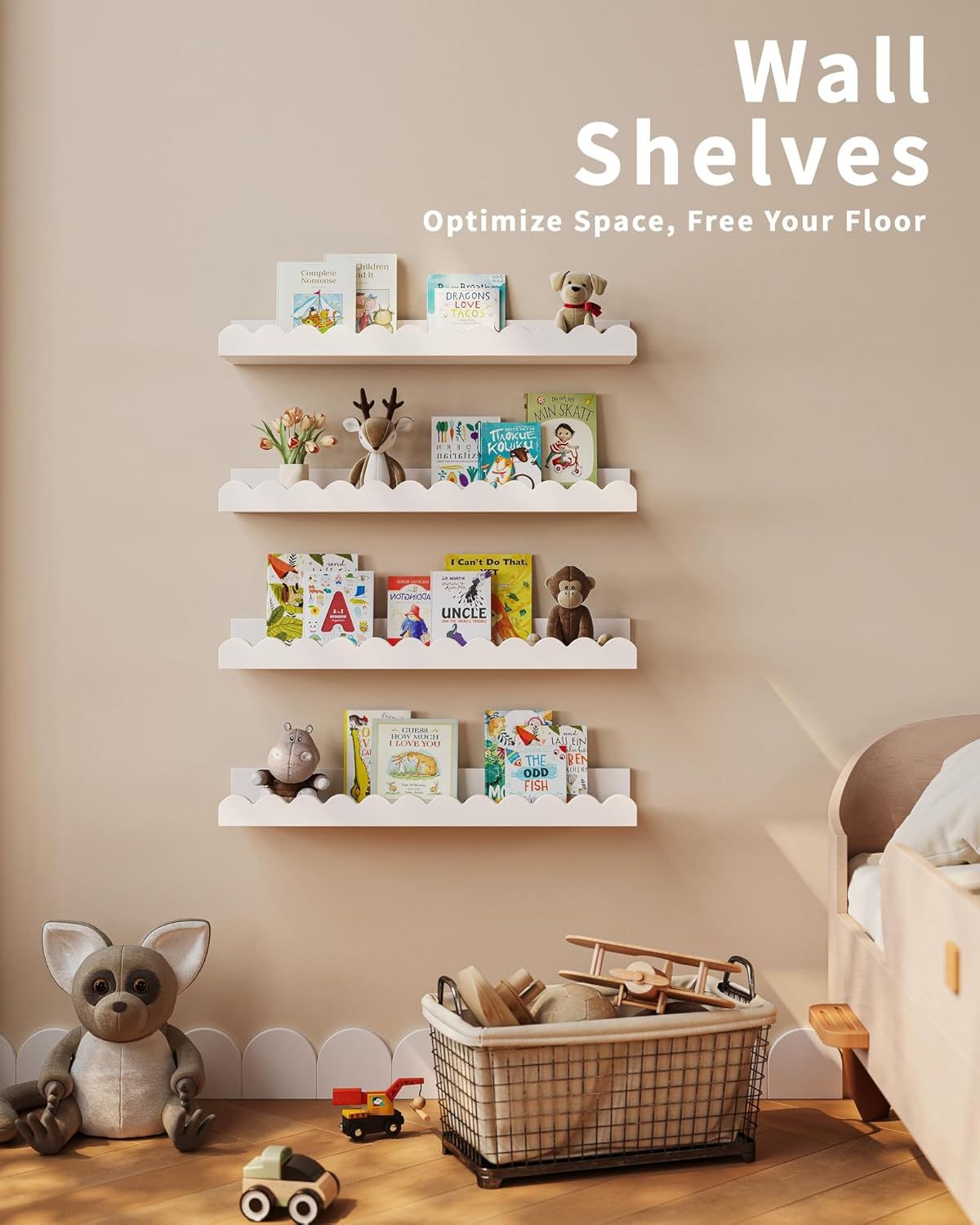 Children's room bookshelf, set of 4 white floating shelves, fan-shaped design, suitable for children's bedrooms, nurseries, and playrooms.