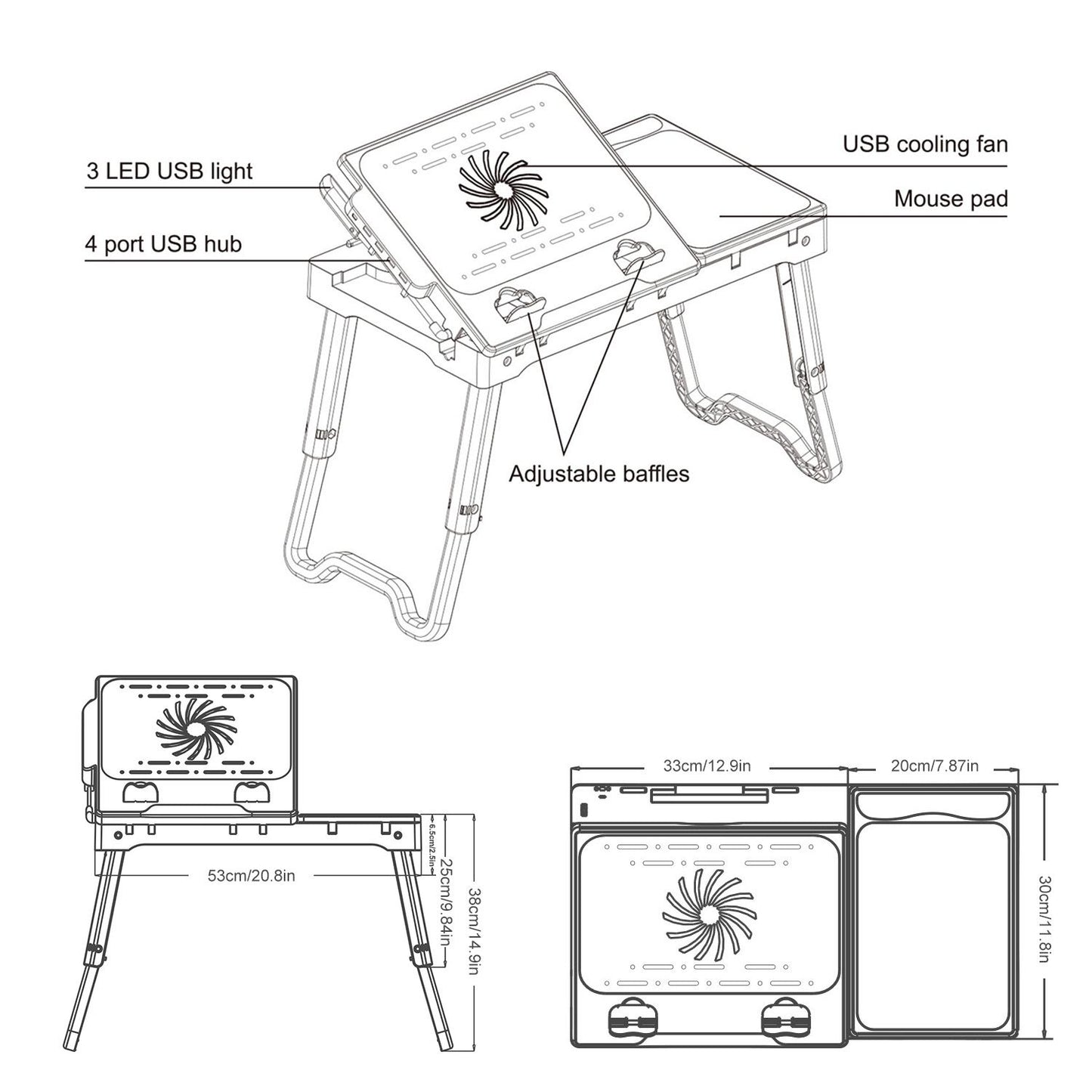Multifunctional Foldable Laptop Desk with Cooling Fan & LED Light