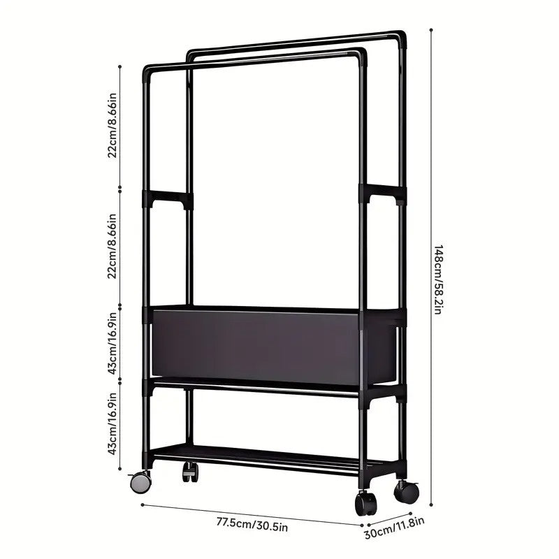 Metal Freestanding Coat Rack with Baskets & Rolling Shoe Organizer