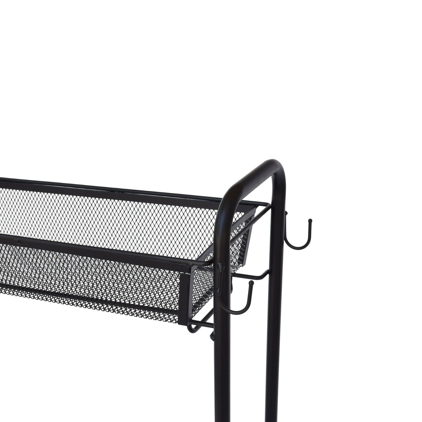 Slim 3-Tier Rolling Bathroom Storage Cart with Hooks – Black