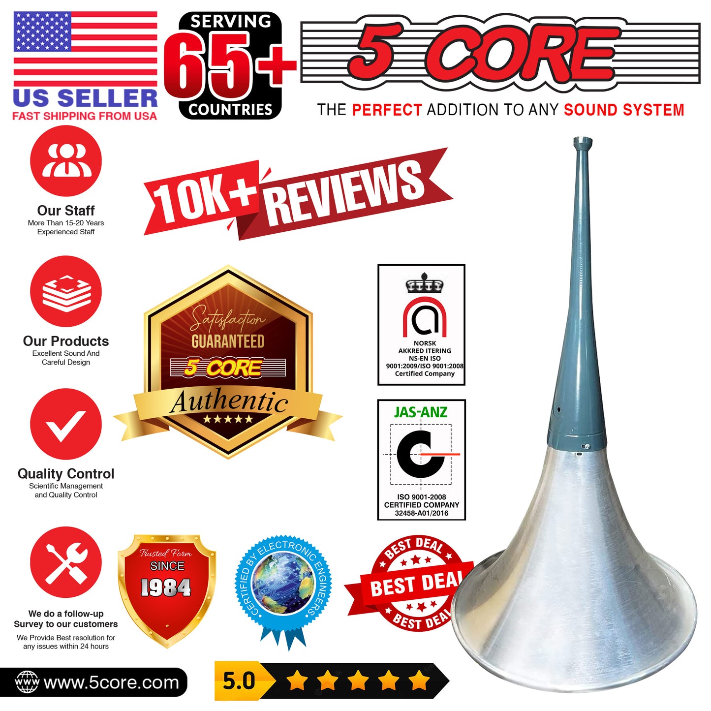 5 Core PA Horn Speaker Indoor Outdoor 22 Inch Long Range Trumpet Horn - Loud Sound Megaphone +Mounting Bracket | Aluminum-Iron Body | Universal Screw-On | Weatherproof - TH 22
