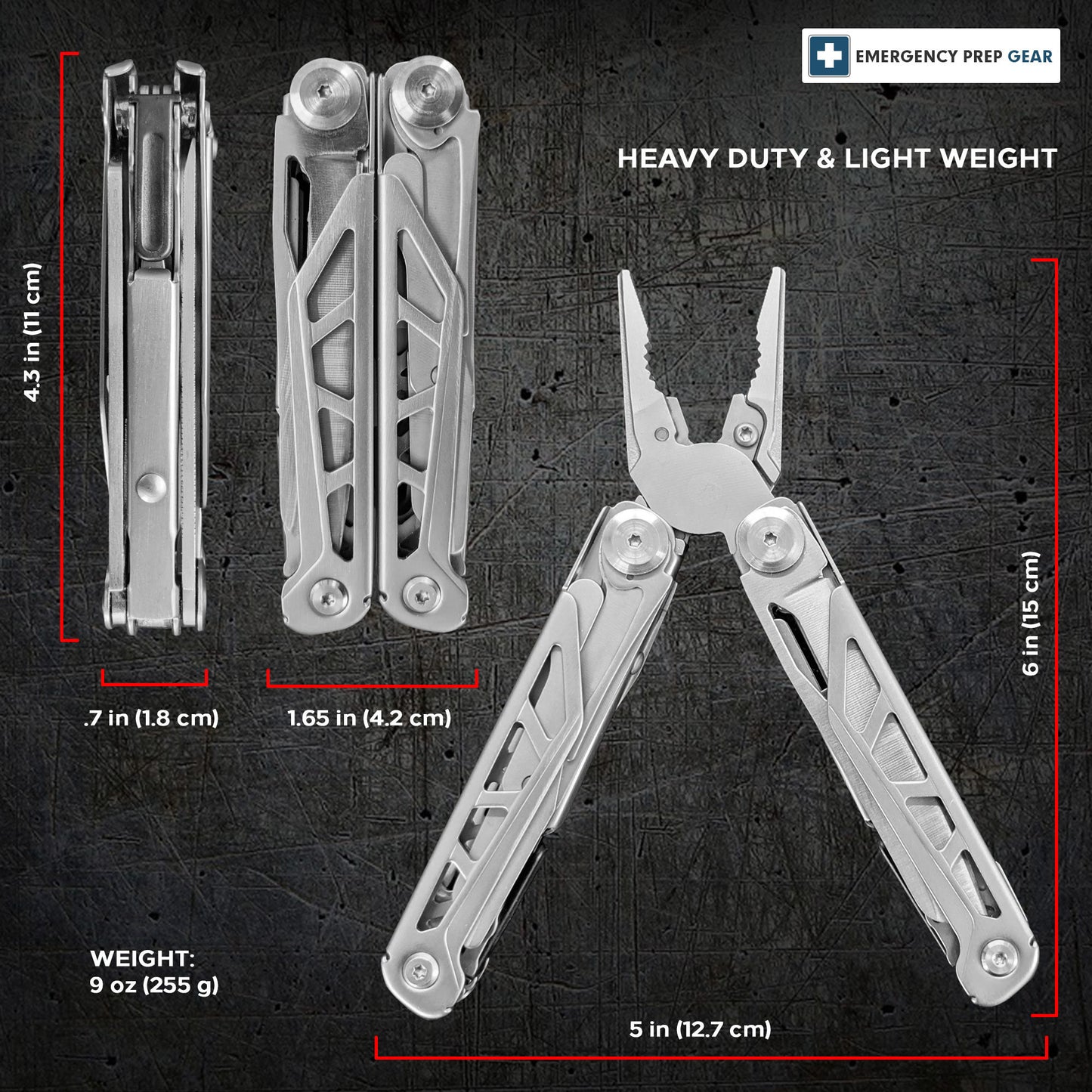 Heavy Duty Multitool | Military Grade Stainless Steel Frame; Deep Profile Blade; First Aid Scissors; Sturdy Pliers; Cord Cutter; 18 Locking Tools | Survival Multitool; Camping; EDC; Work