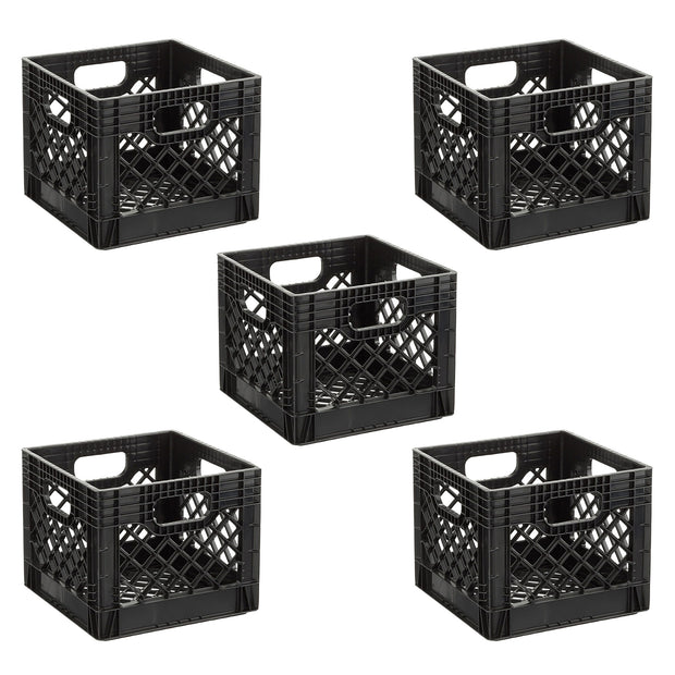 16QT Heavy-Duty Plastic Square Milk Crate Black 5 Pack