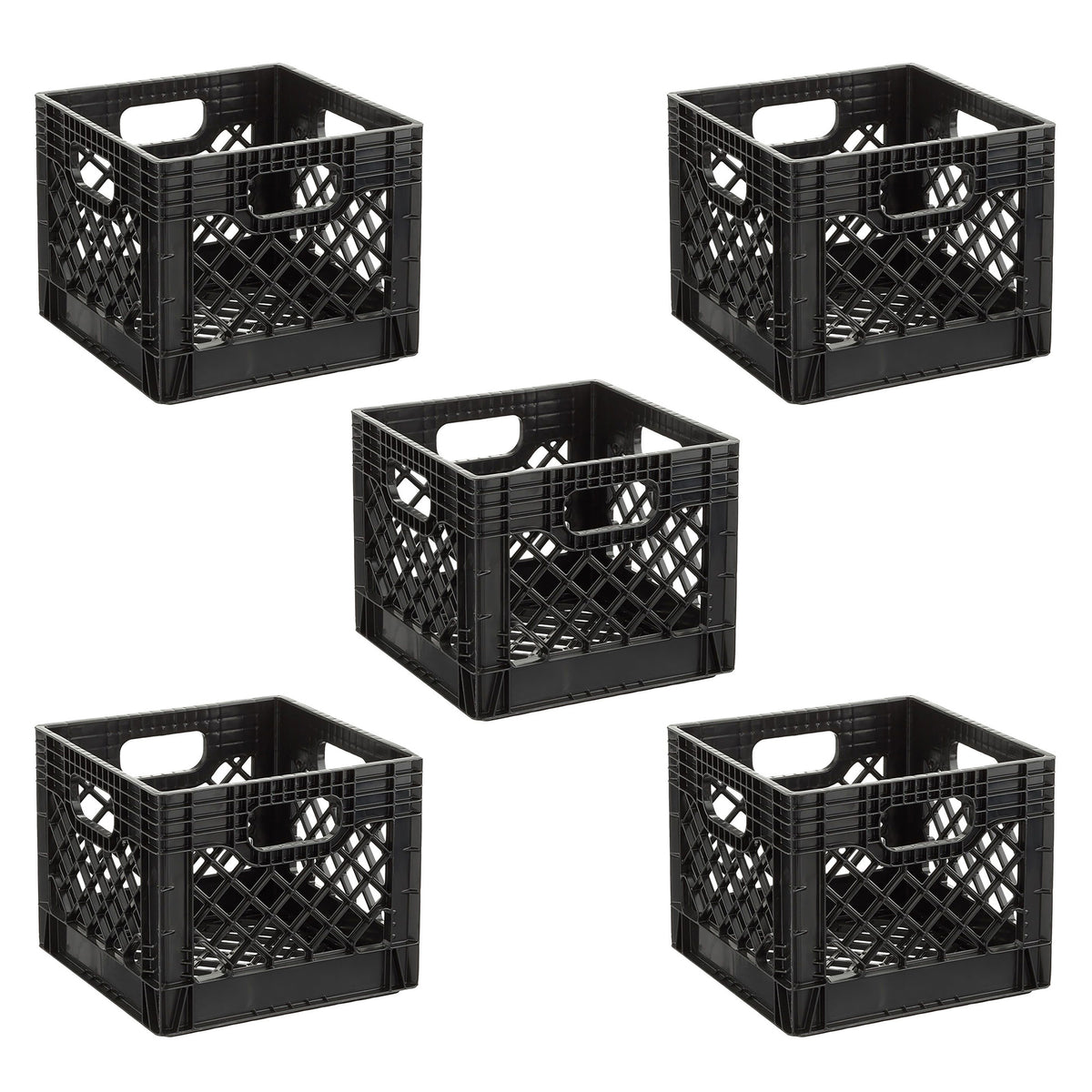 16QT Heavy-Duty Plastic Square Milk Crate Black 5 Pack