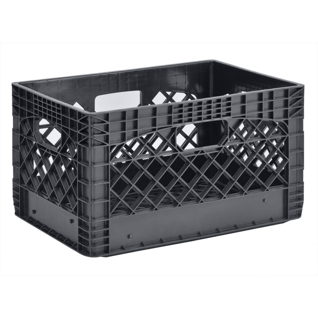 24QT Heavy-Duty Plastic Milk Crate – Stackable Black Storage Bin for Home, Garage, Office, and Organization