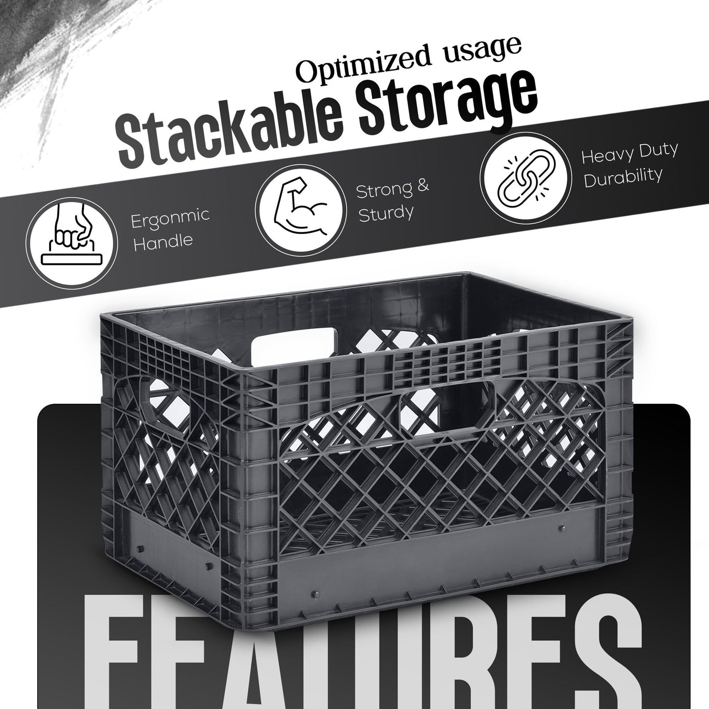 24QT Heavy-Duty Plastic Milk Crate – Stackable Black Storage Bin for Home, Garage, Office, and Organization