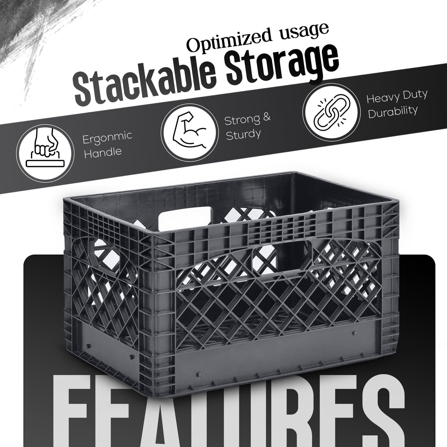 24QT Heavy-Duty Plastic Milk Crate – Stackable Black Storage Bin for Home, Garage, Office, and Organization