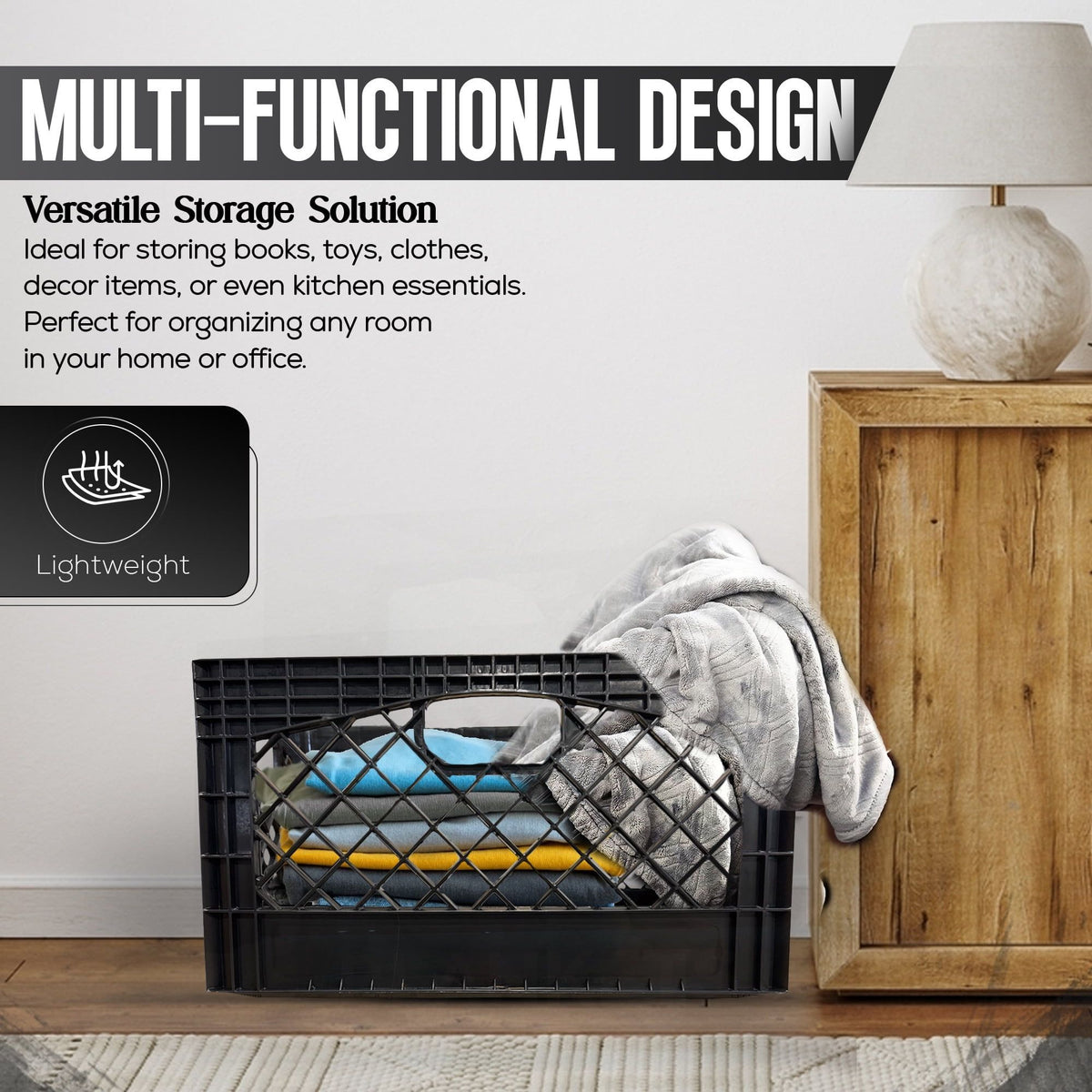 24QT Heavy-Duty Plastic Milk Crate – Stackable Black Storage Bin for Home, Garage, Office, and Organization