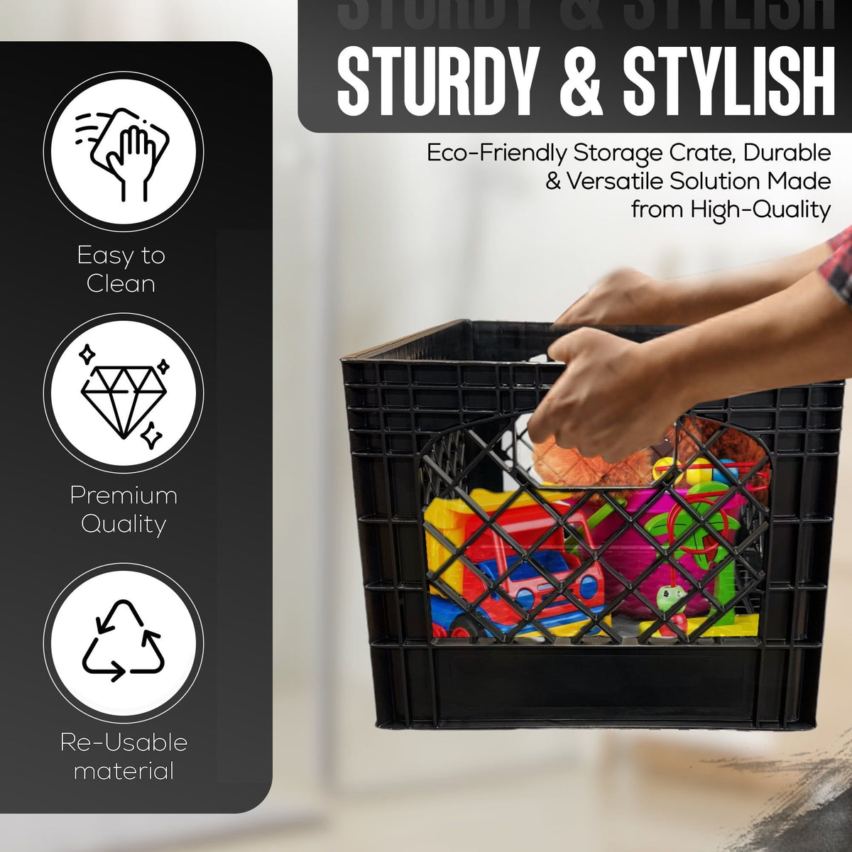 24QT Heavy-Duty Plastic Milk Crate – Stackable Black Storage Bin for Home, Garage, Office, and Organization