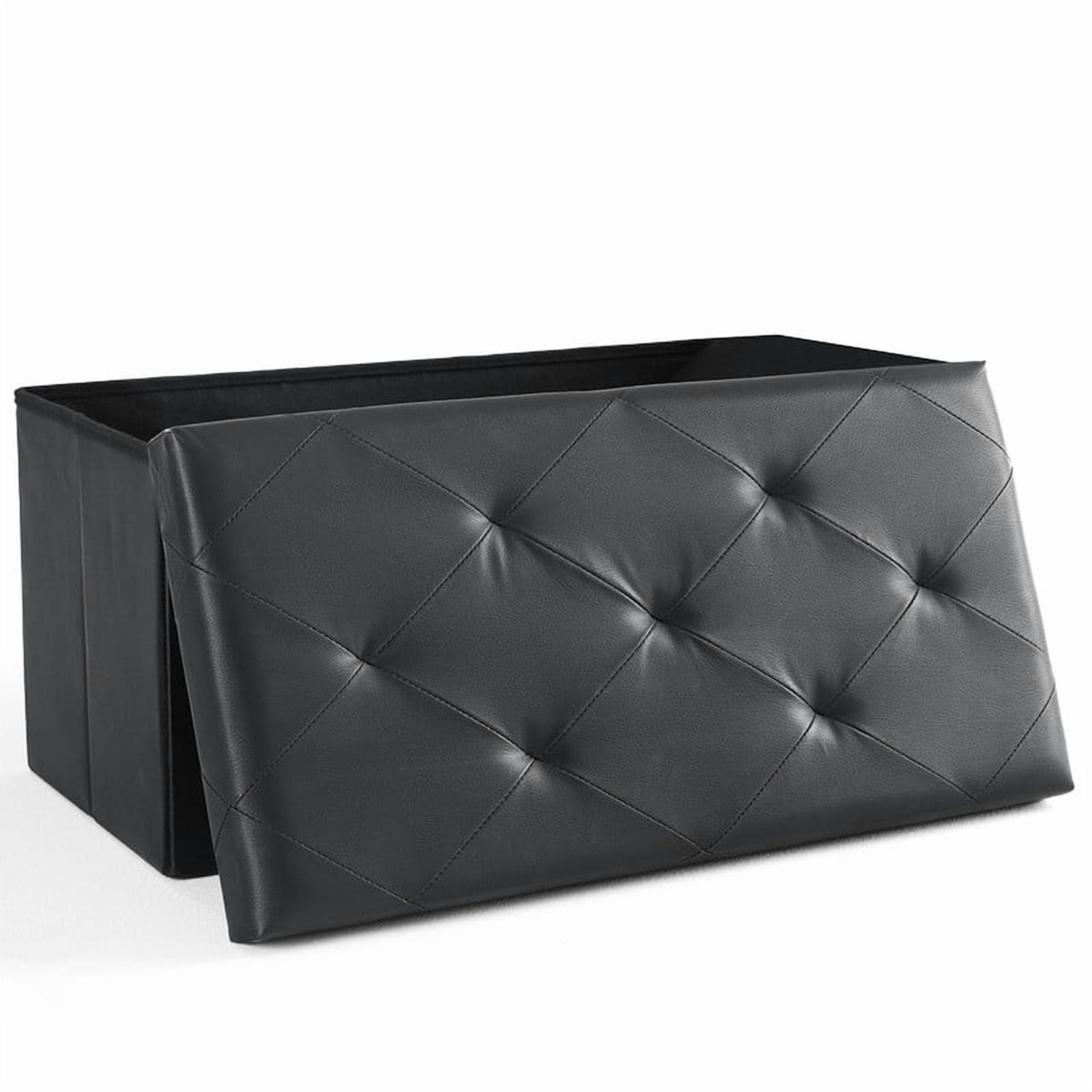 30" Folding Storage Ottoman Bench – Upholstered Faux Leather, Black