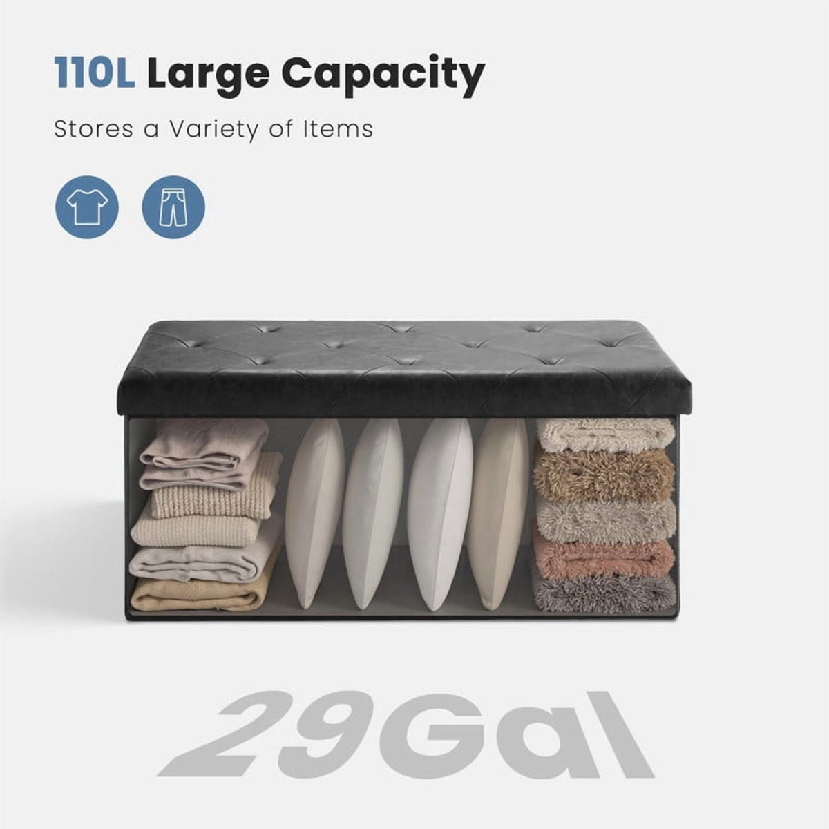 30" Folding Storage Ottoman Bench – Upholstered Faux Leather, Black