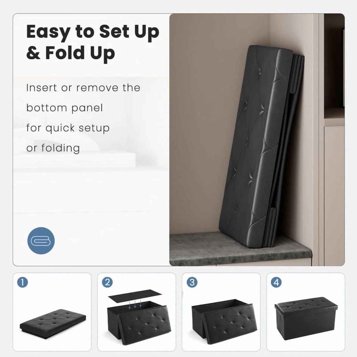 30" Folding Storage Ottoman Bench – Upholstered Faux Leather, Black