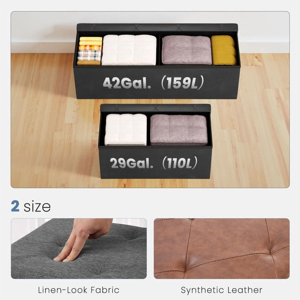 30" Folding Storage Ottoman Bench – Upholstered Faux Leather, Black