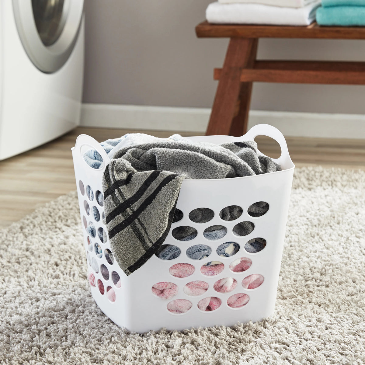 4 Pack White Square Dot Laundry Baskets – Flexible, Foldable Storage Hampers