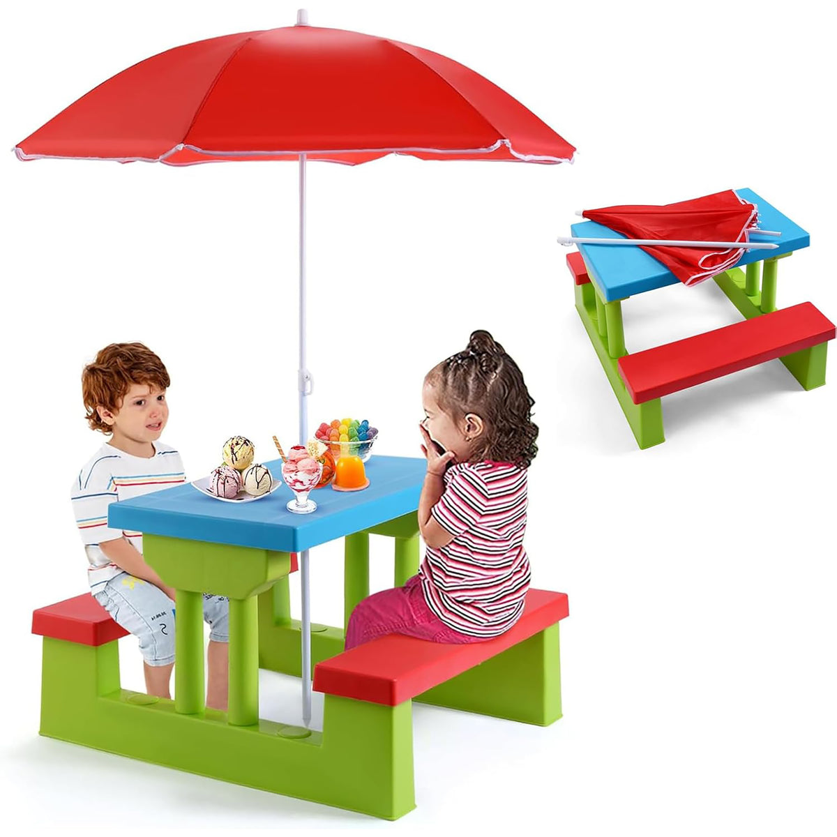 Kids Outdoor Picnic Table Set with Umbrella – Red, Blue & Green
