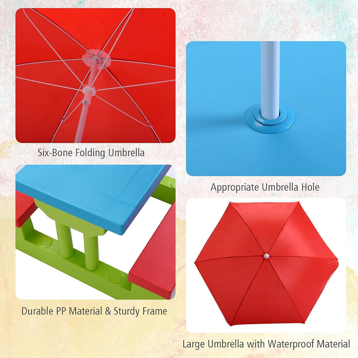 Kids Outdoor Picnic Table Set with Umbrella – Red, Blue & Green