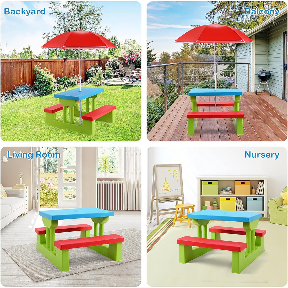 Kids Outdoor Picnic Table Set with Umbrella – Red, Blue & Green