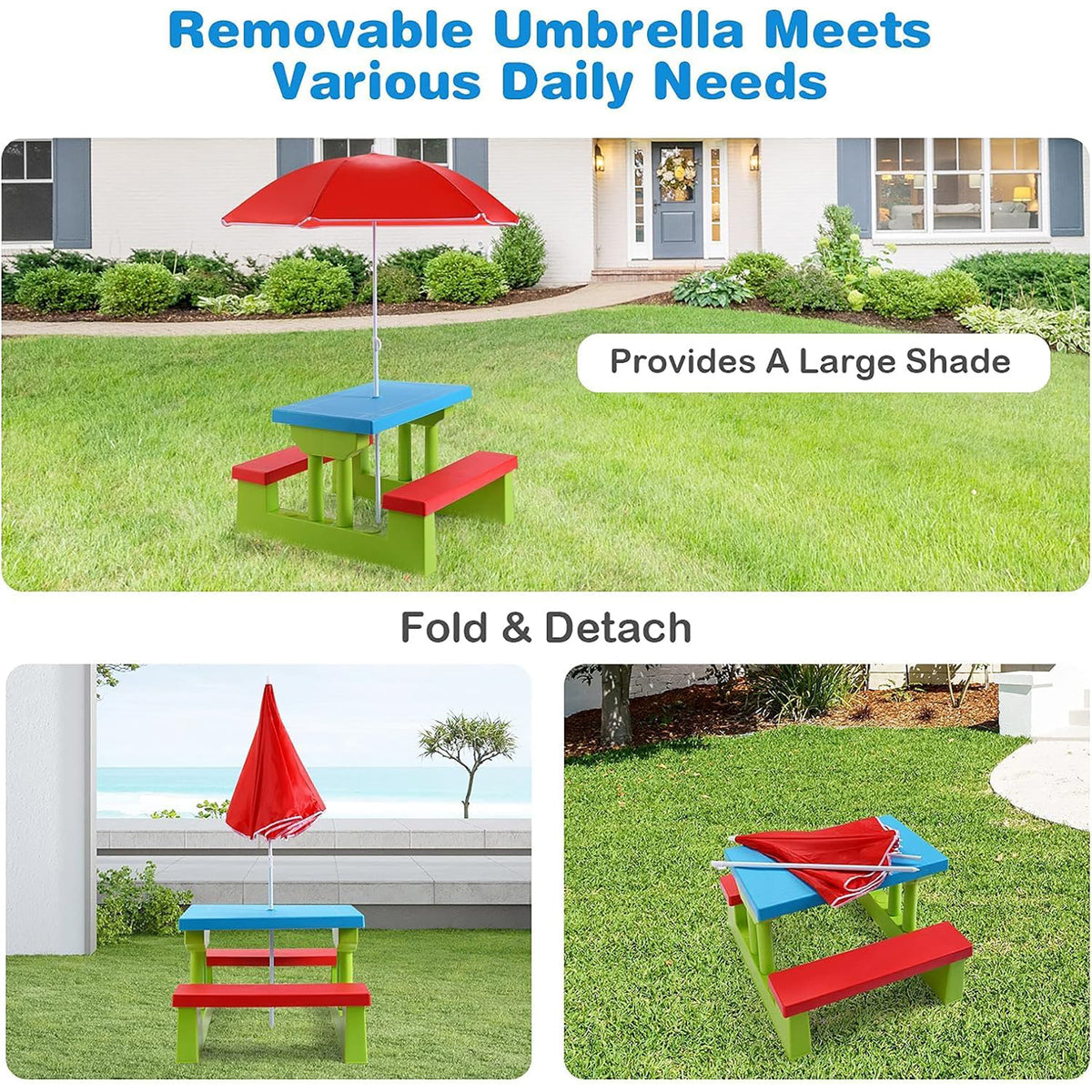 Kids Outdoor Picnic Table Set with Umbrella – Red, Blue & Green