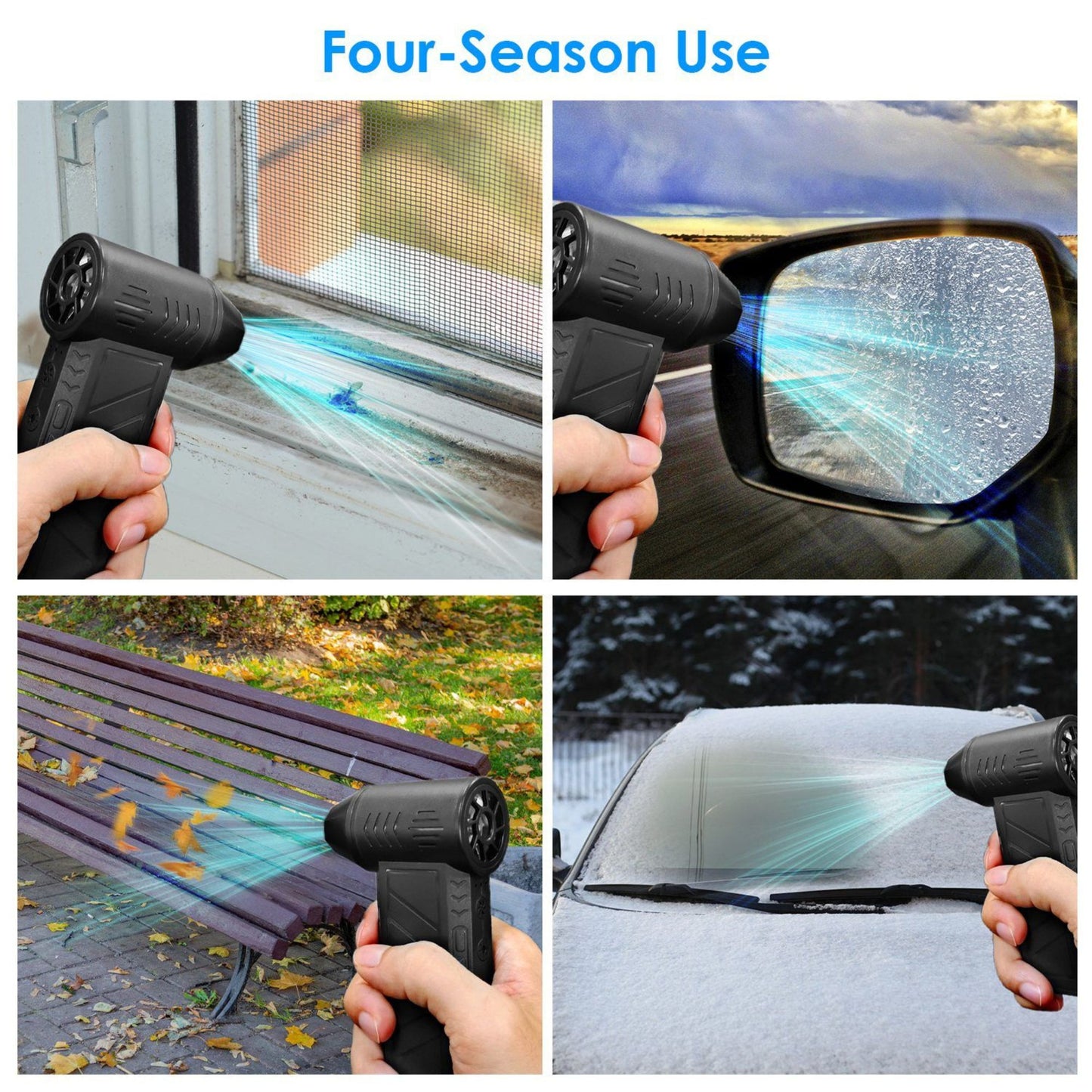 Four-season use of a handheld air duster cleaning device on various surfaces for a car window, mirror, bench, and car windshield