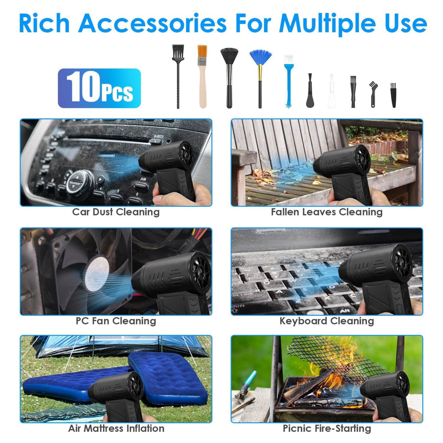 Set of 10 cleaning accessories with various uses including car dust cleaning, fallen leaves cleaning, PC fan cleaning, and more