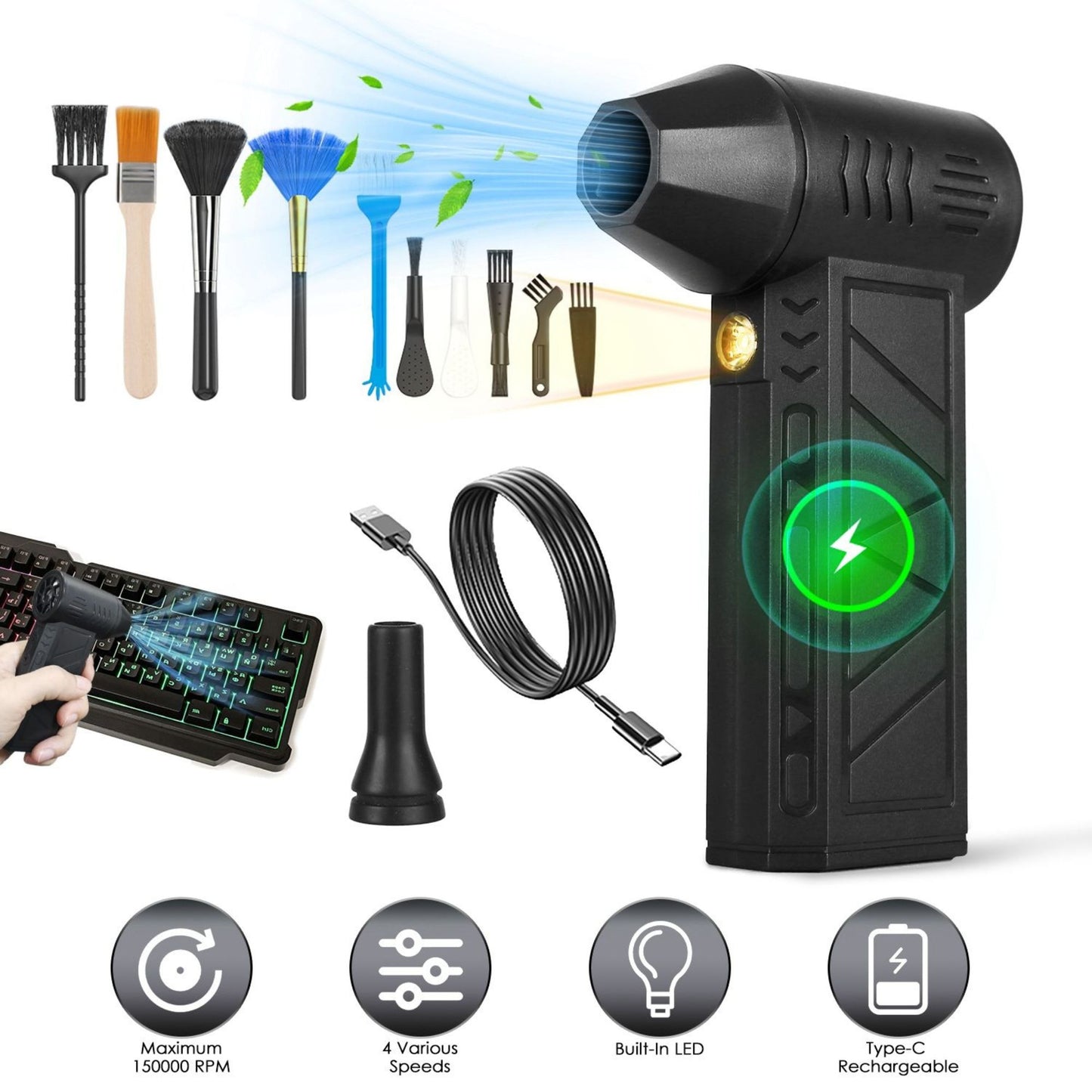 Black handheld air duster cleaning tool with attachments and features