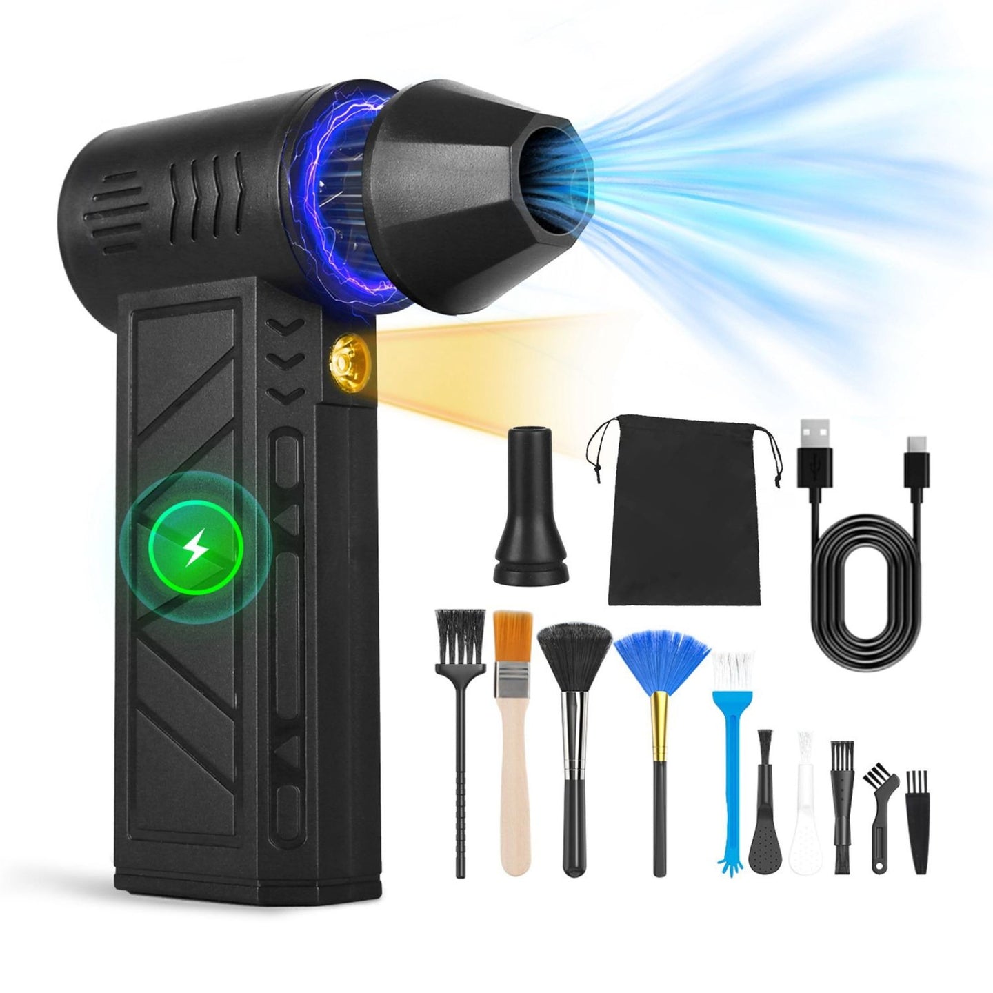 Black handheld air duster with blue light, USB cable, and cleaning brushes