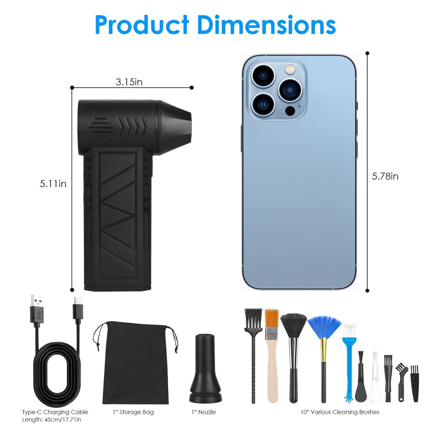 Product dimensions chart with cleaning tool, phone, and accessories
