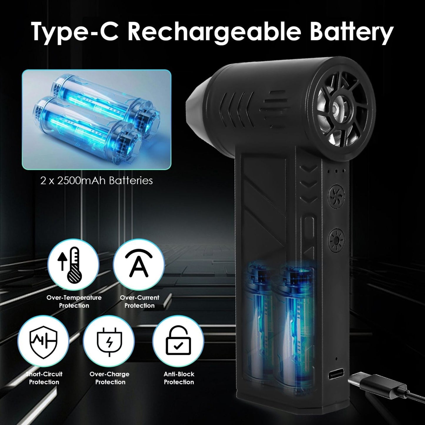 Black rechargeable battery device with Type-C connection and 2500mAh batteries