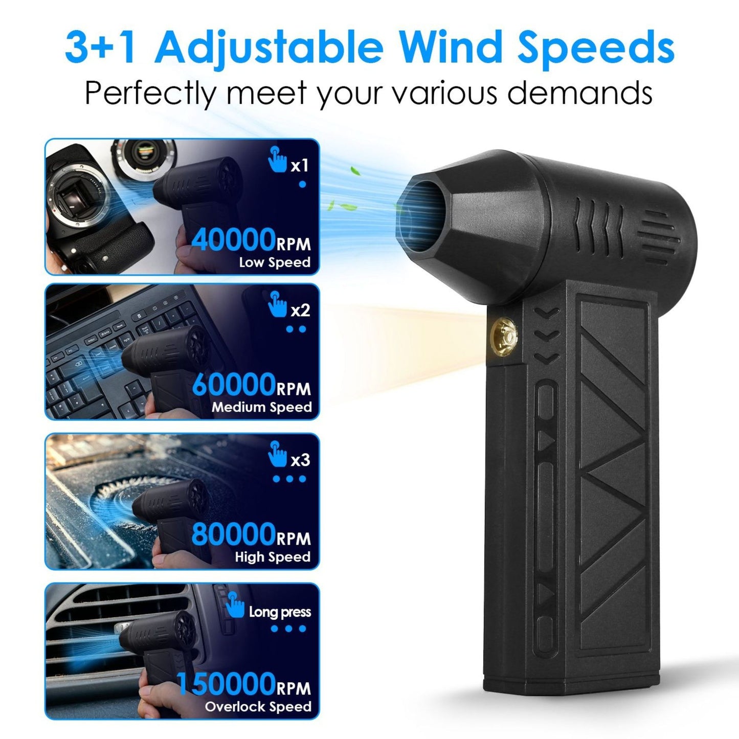 Black handheld air duster with adjustable wind speeds displayed