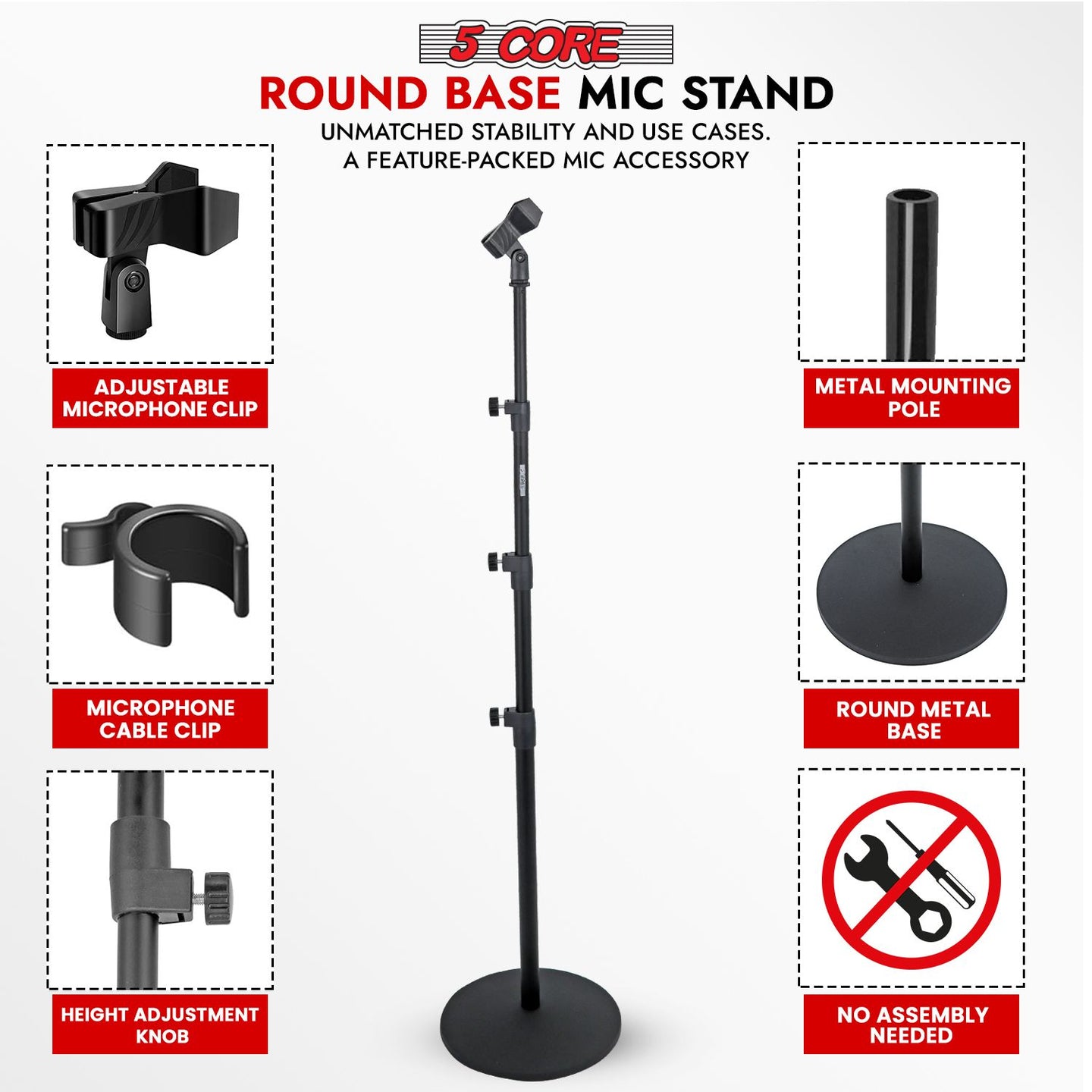 2-Pack Heavy Duty Floor Mic Stand - Adjustable Height with Round Base