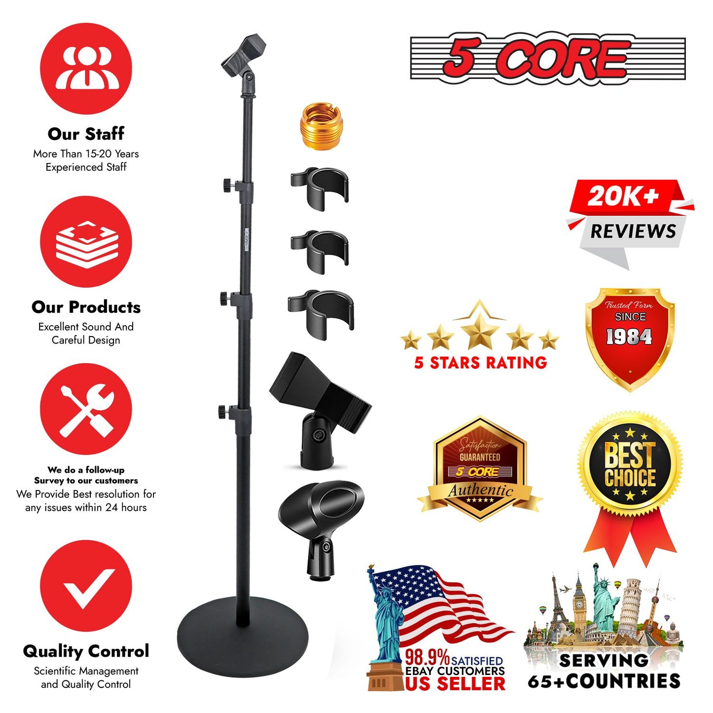 2-Pack Heavy Duty Floor Mic Stand - Adjustable Height with Round Base