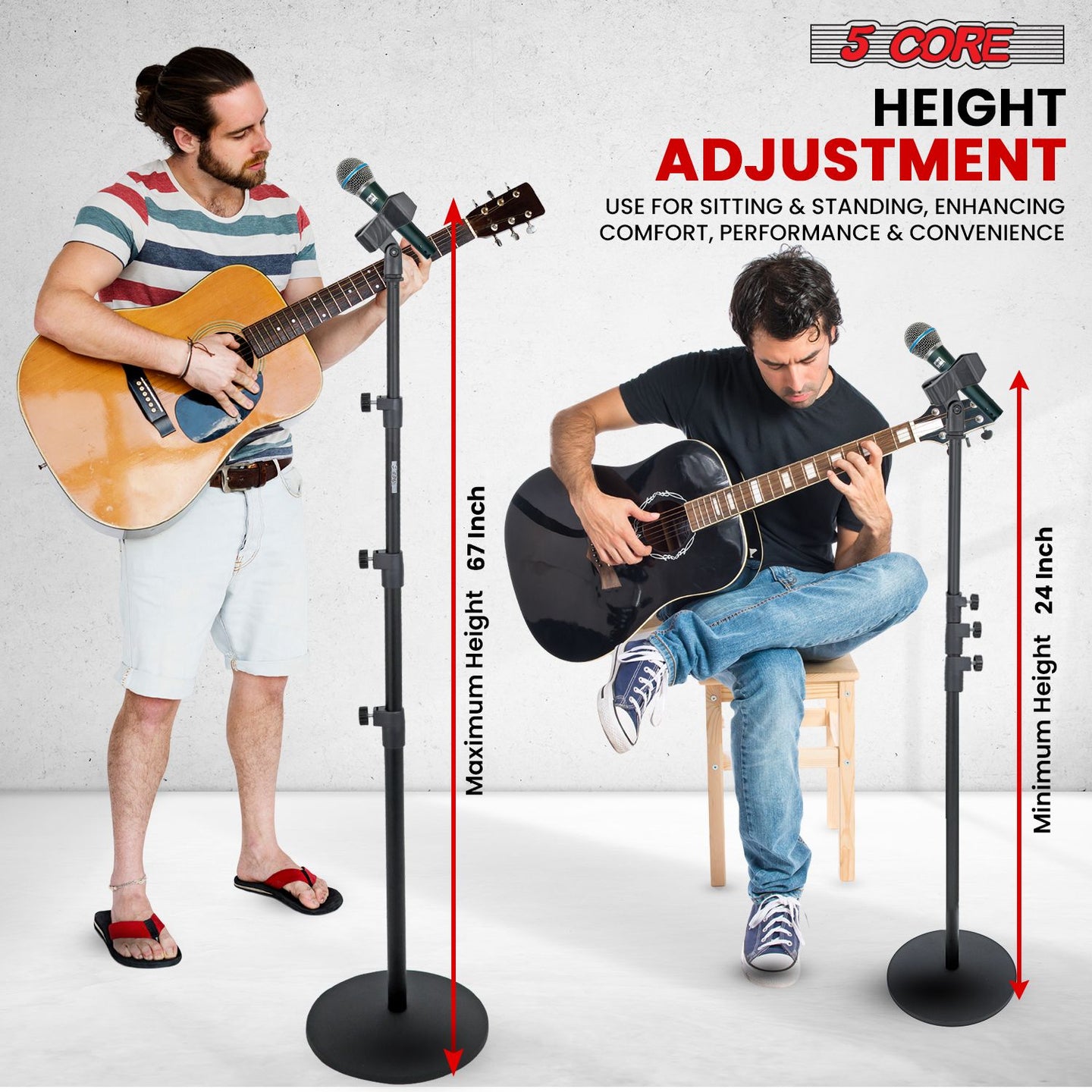 2-Pack Heavy Duty Floor Mic Stand - Adjustable Height with Round Base