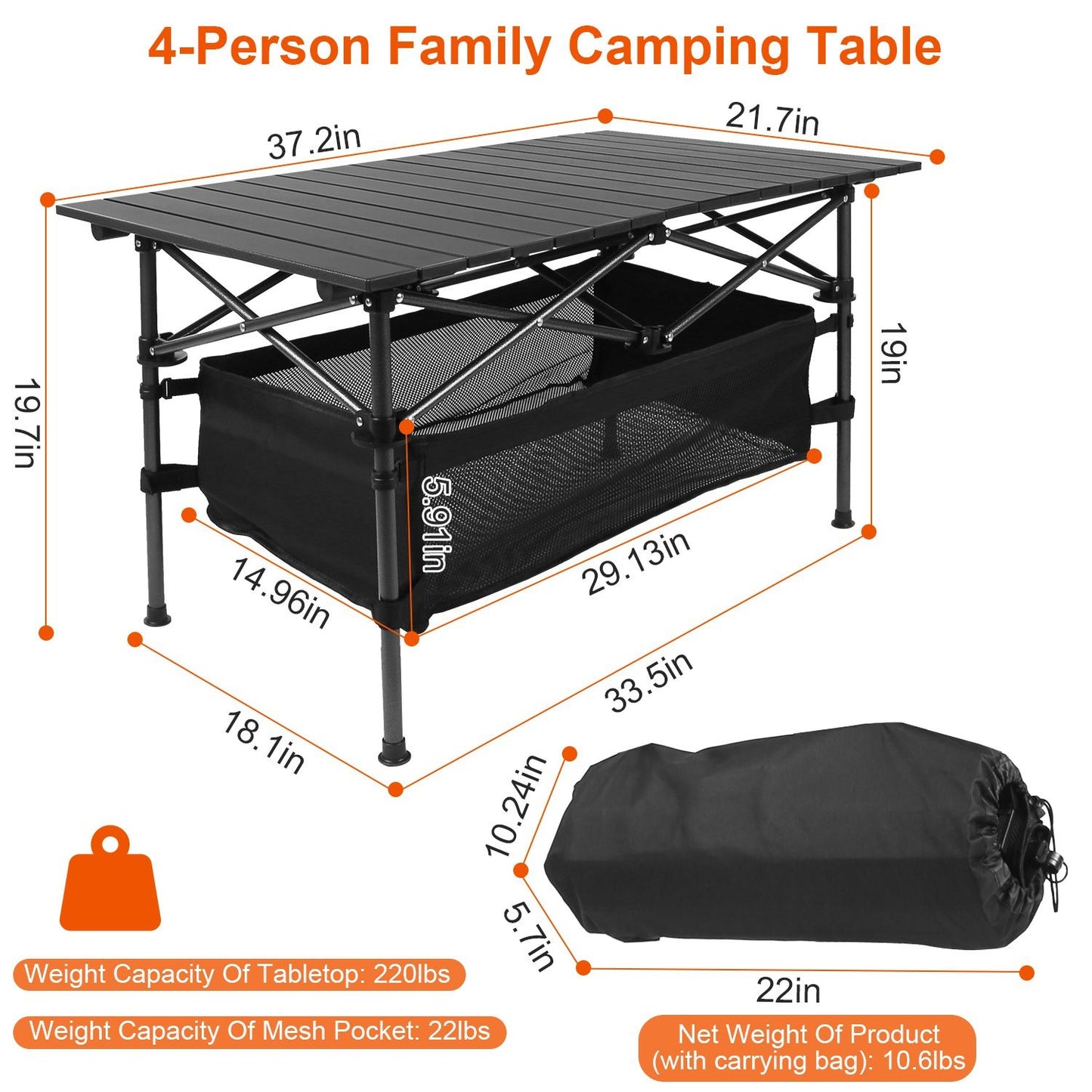 220lb Capacity Foldable Aluminum Camping Table with Storage Basket & Carry Bag