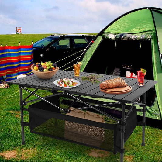 220lb Capacity Foldable Aluminum Camping Table with Storage Basket & Carry Bag