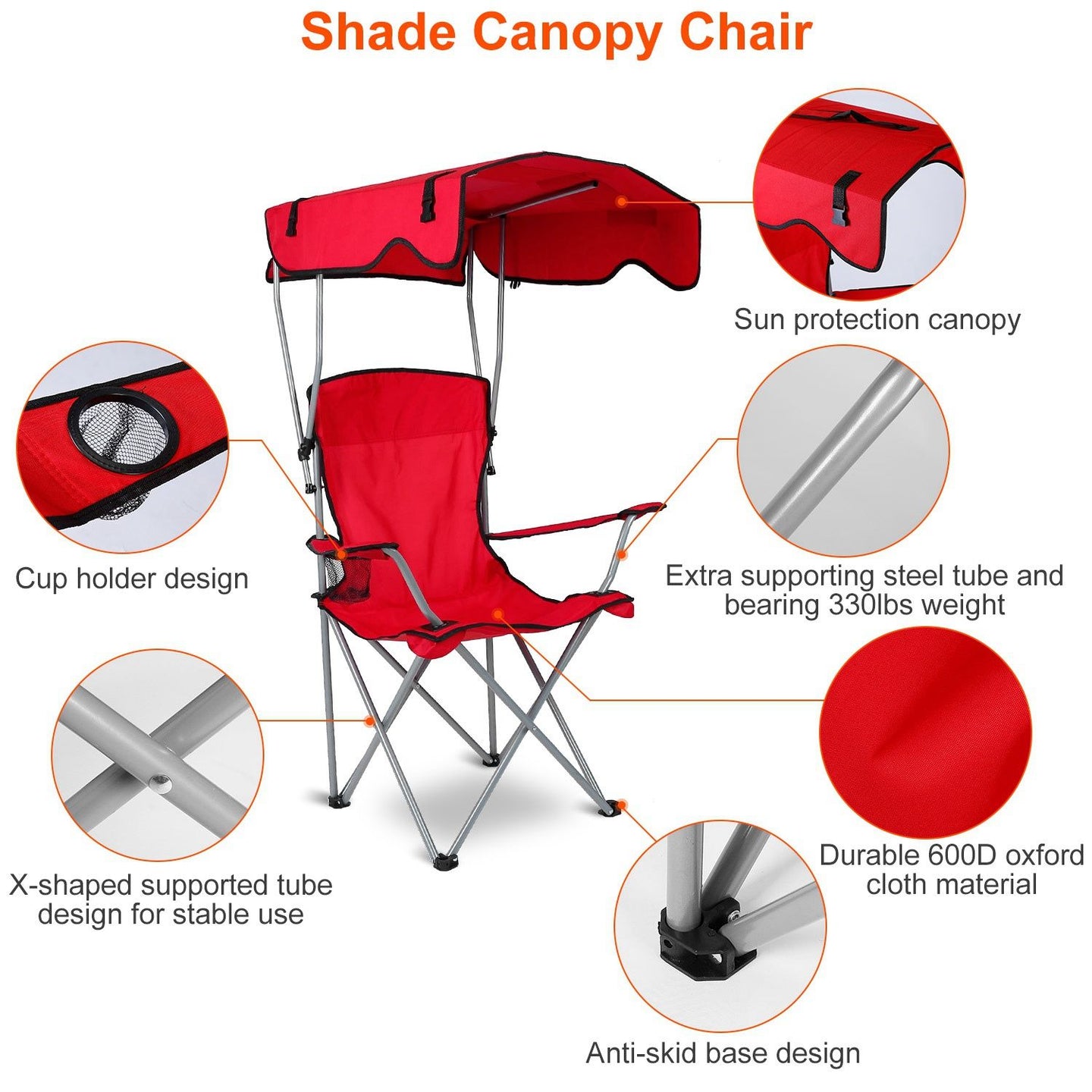 Foldable Canopy Chair - Heavy Duty 330lbs Beach & Camping Seat