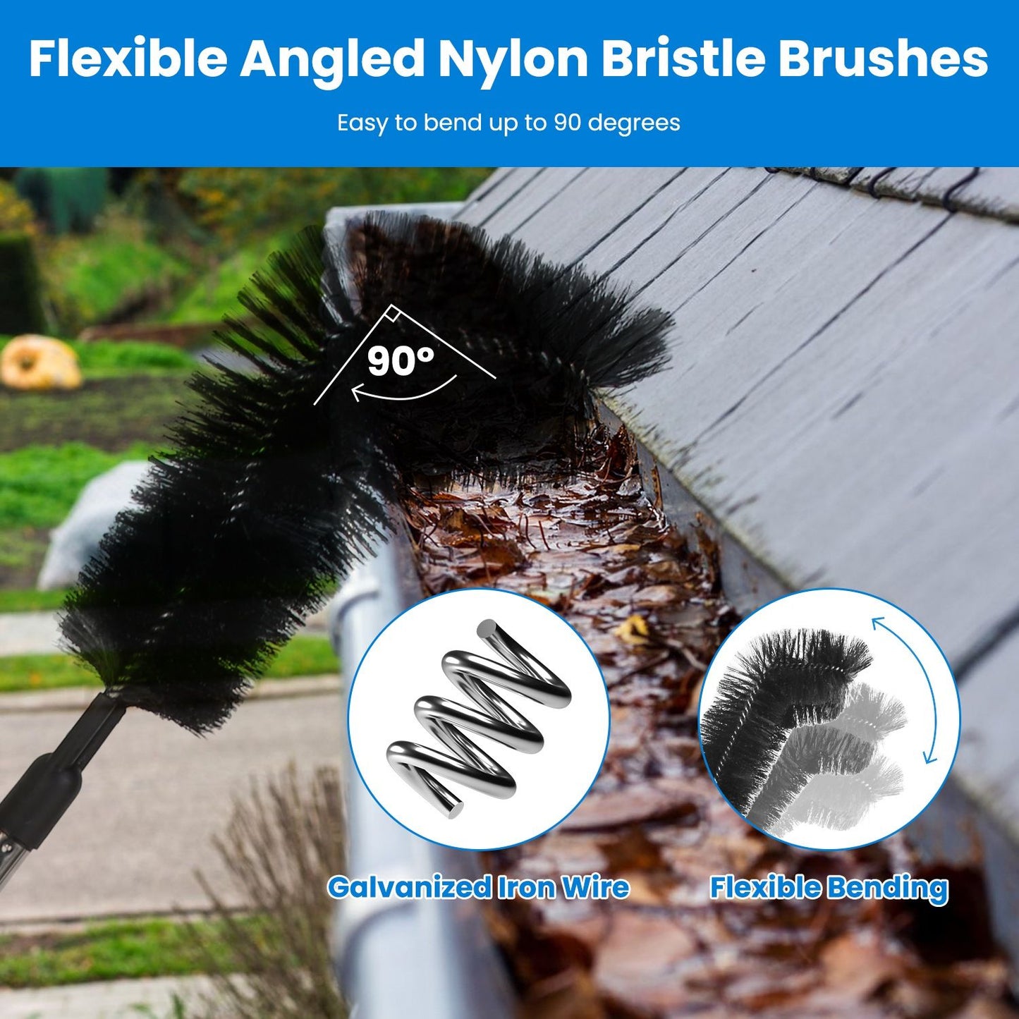 10.5FT Extendable Rain Gutter Cleaning Tool with Telescopic Handle & 2 Angled Brushes