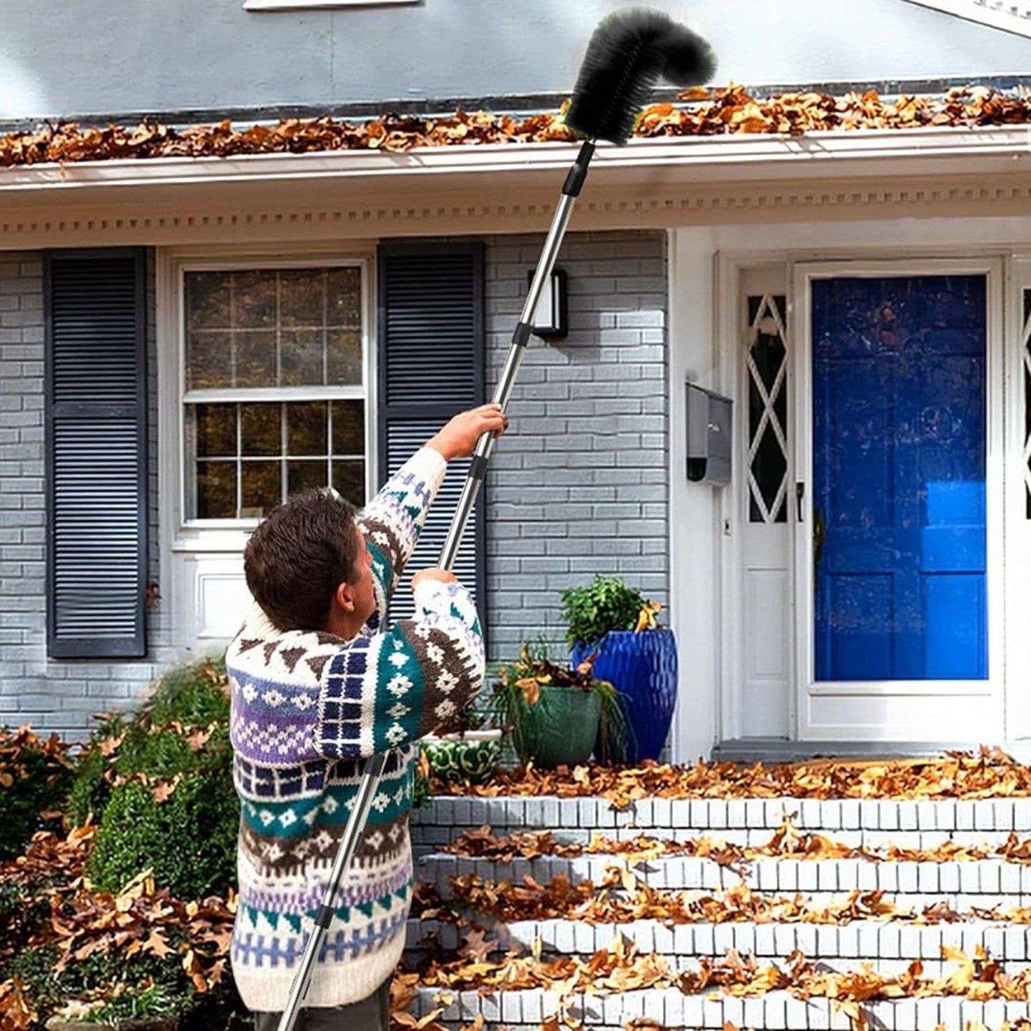 10.5FT Extendable Rain Gutter Cleaning Tool with Telescopic Handle & 2 Angled Brushes