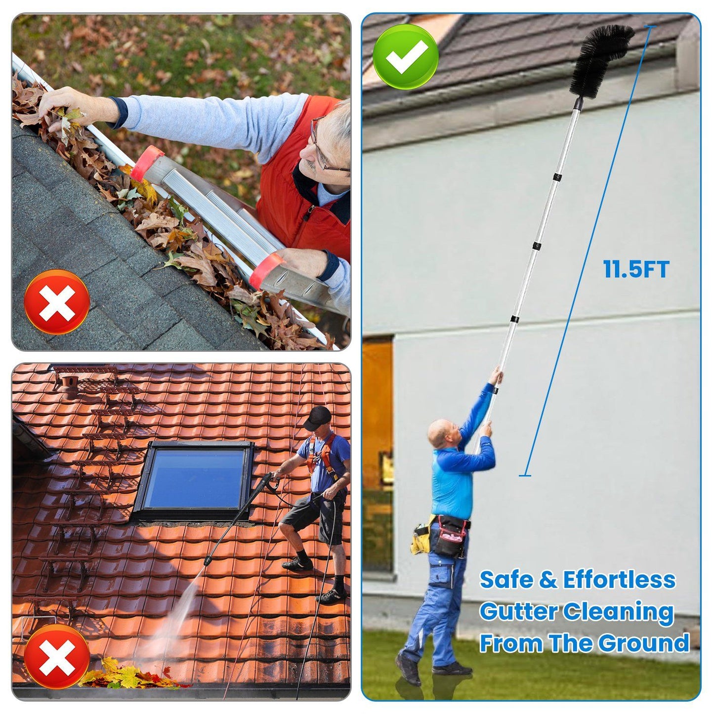 10.5FT Extendable Rain Gutter Cleaning Tool with Telescopic Handle & 2 Angled Brushes
