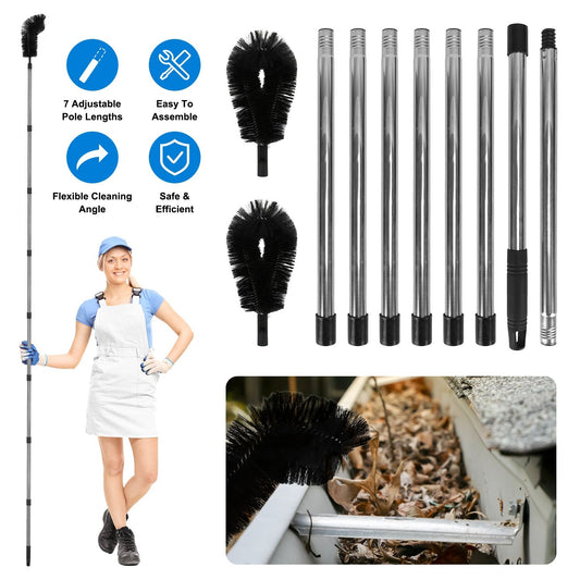 10.5FT Extendable Rain Gutter Cleaning Tool with Telescopic Handle & 2 Angled Brushes