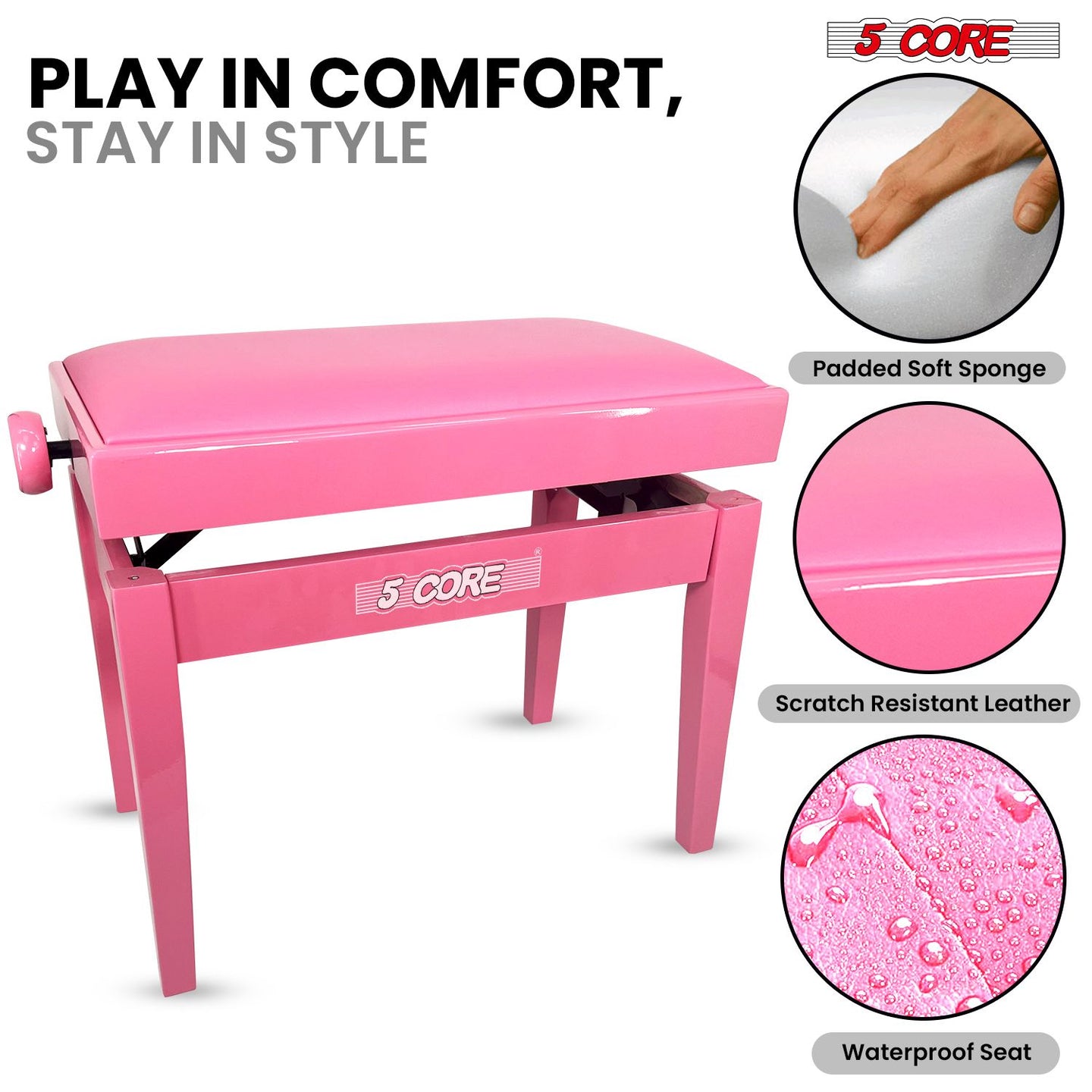Adjustable Piano Bench - Padded Solid Wood Keyboard Stool (18"-22")