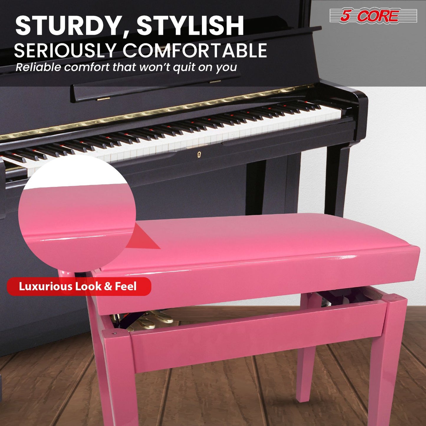 Adjustable Piano Bench - Padded Solid Wood Keyboard Stool (18"-22")