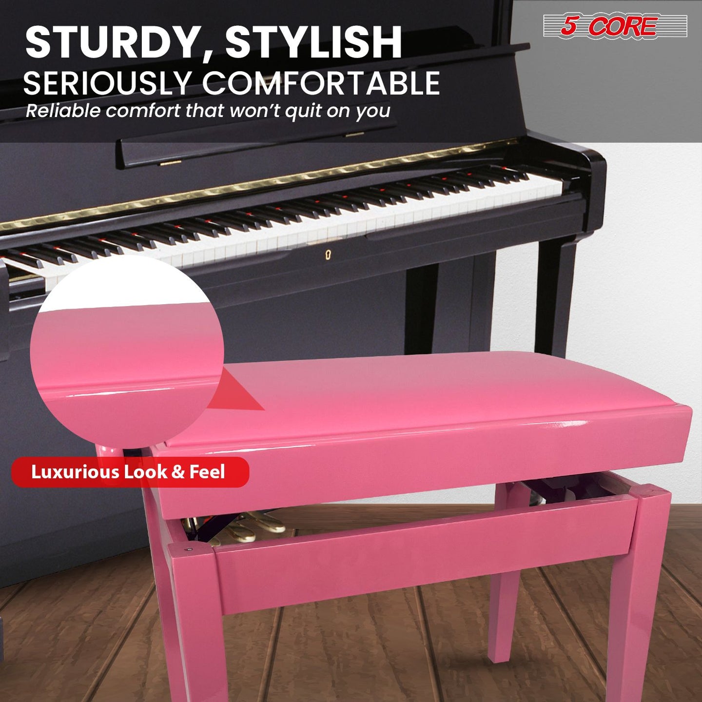 Adjustable Piano Bench - Padded Solid Wood Keyboard Stool (18"-22")