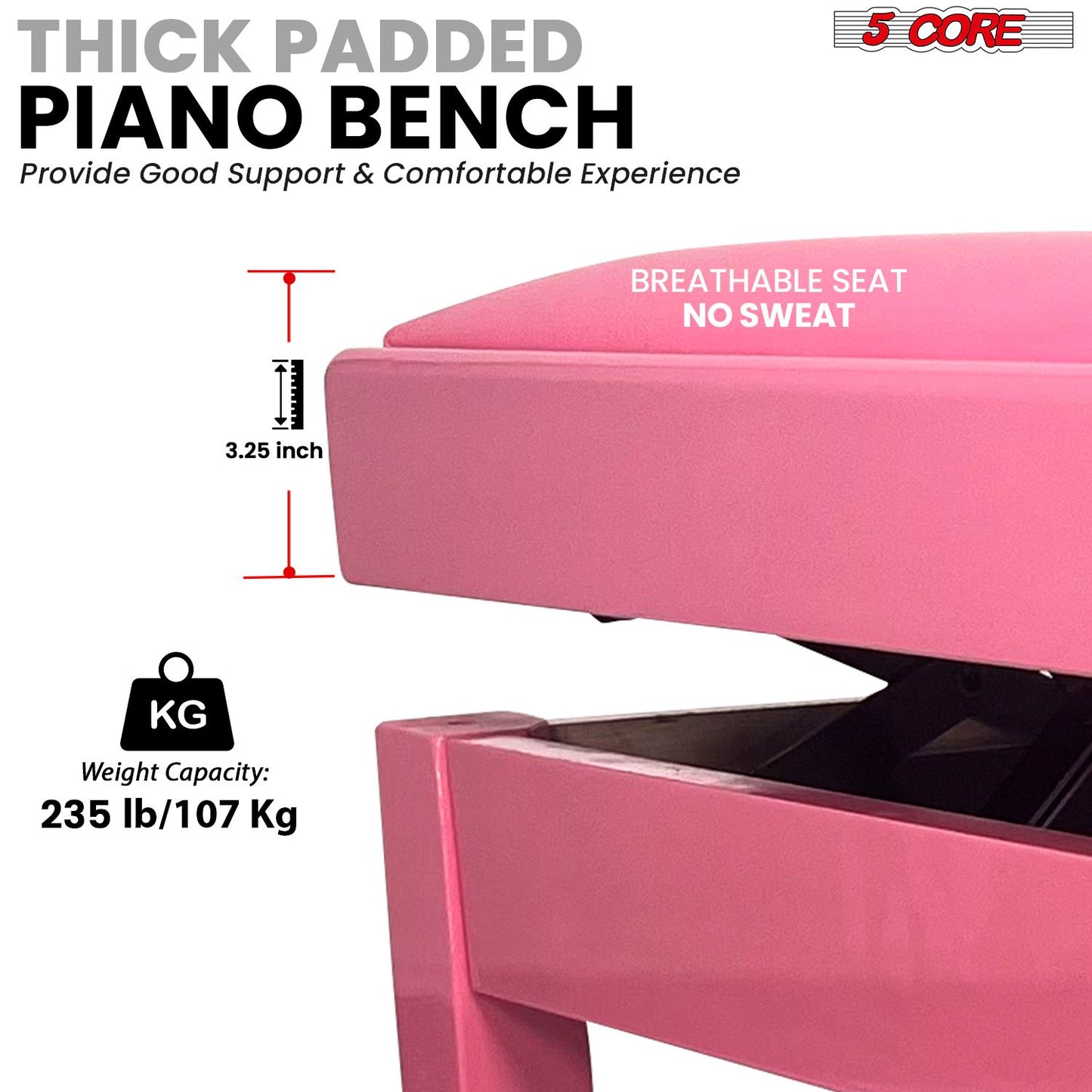 Adjustable Piano Bench - Padded Solid Wood Keyboard Stool (18"-22")
