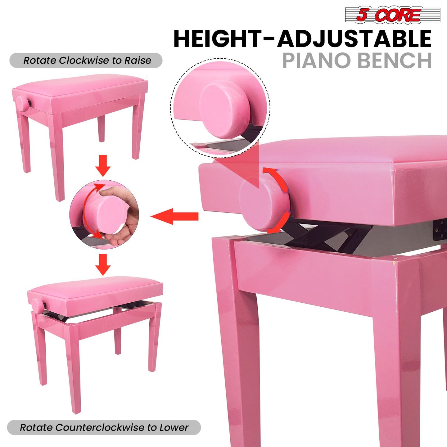 Adjustable Piano Bench - Padded Solid Wood Keyboard Stool (18"-22")