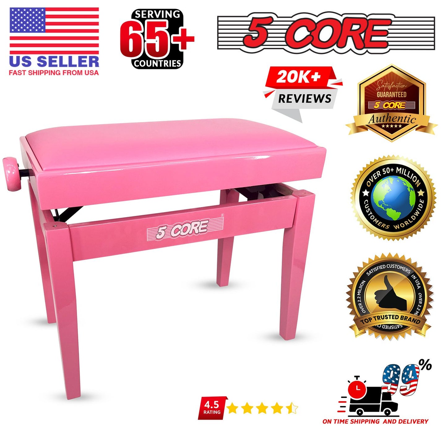 Adjustable Piano Bench - Padded Solid Wood Keyboard Stool (18"-22")