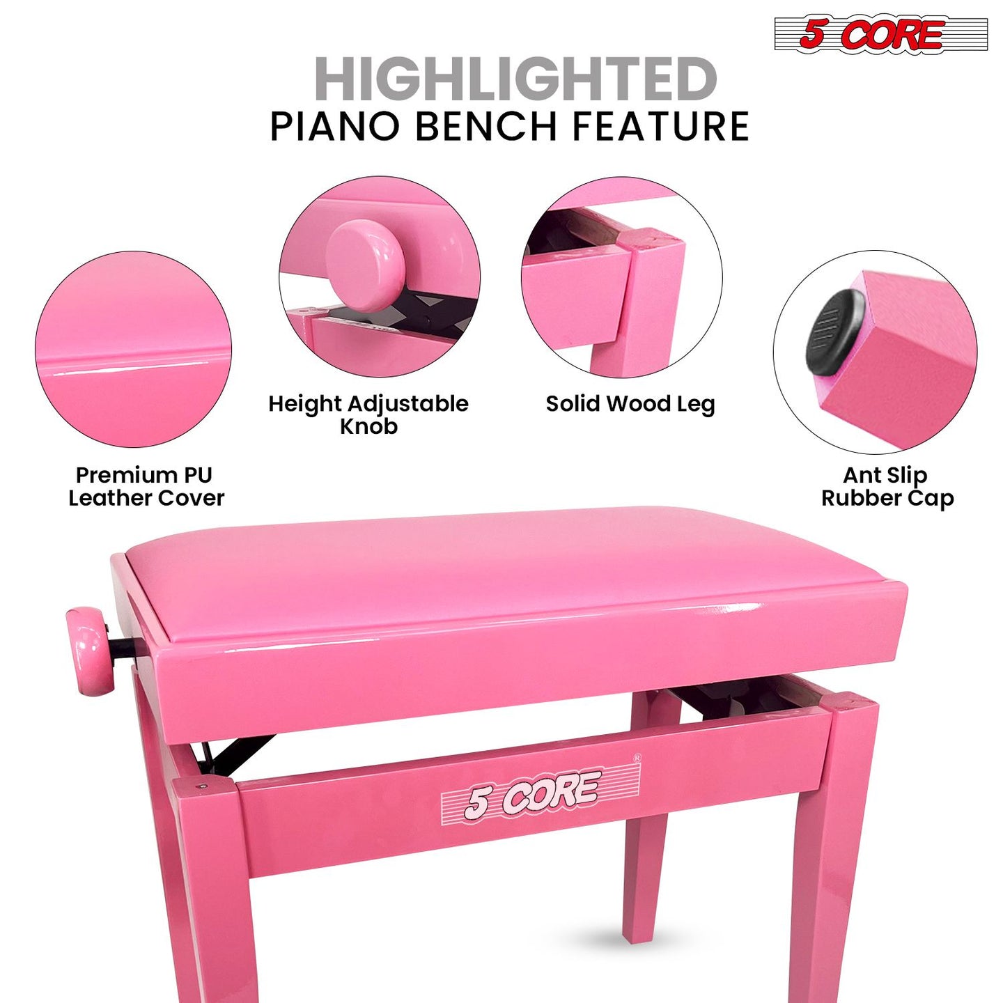 Adjustable Piano Bench - Padded Solid Wood Keyboard Stool (18"-22")